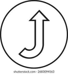 Black upward curved arrow inside a circle. The icon indicates a return, redirection, or turnaround movement. Commonly used in navigation or directional signage.