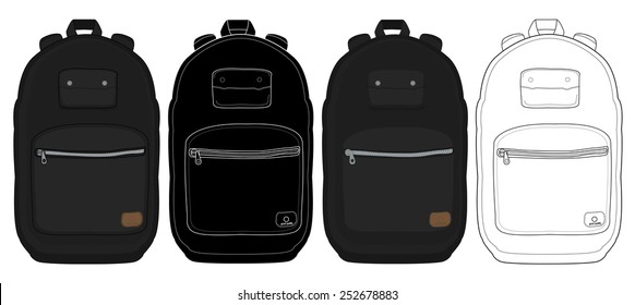 Black urban backpack set. Color, contour lines, silhouette. Vector clip art illustrations isolated on white