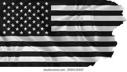 Bandera negra de USA con bordes rotos en textura de seda ondeando en el viento