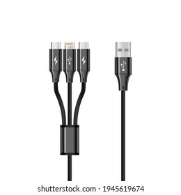 Black USB cable with 3 connectors, for charging your smartphone. Vector illustration