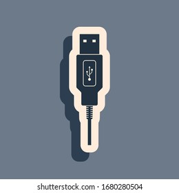 Black USB cable cord icon on grey background. Connectors and sockets for PC and mobile devices. Computer peripherals connector or smartphone recharge supply. Long shadow style. Vector Illustration