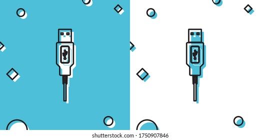 Schwarzes USB-Kabel, Symbol einzeln auf blauem und weißem Hintergrund. Anschlüsse und Steckdosen für PC und mobile Geräte. Anschluss für Computer-Peripheriegeräte oder Ladegerät für Smartphones. Vektorgrafik