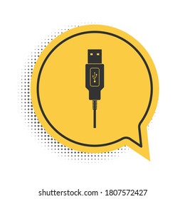 Black USB cable cord icon isolated on white background. Connectors and sockets for PC and mobile devices. Smartphone recharge supply. Yellow speech bubble symbol. Vector.