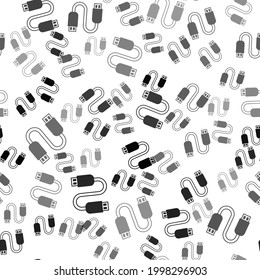 Black USB cable cord icon isolated seamless pattern on white background. Connectors and sockets for PC and mobile devices.  Vector