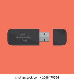 Black Usb, Usb card, Flash driver, Flash memory icon in flat style design, isolated on orange background,vector eps10