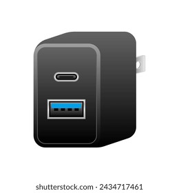 Black USB charger _USBType-C 1 port  USB type A 3.0 1 port illustration.