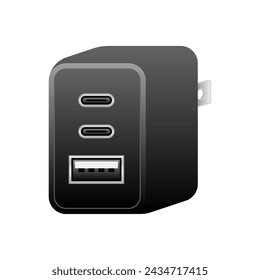 Black USB charger _usbtype-C 2 port  USB type A 2.0 1 port illustration.