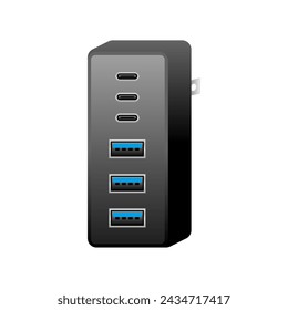 Black USB charger _usbtype-C 3 port  USB type A 3.0 3 ports illustration.