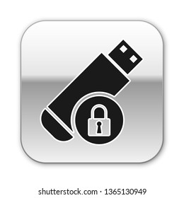 Black USB flash drive with closed padlock icon isolated on white background. Security, safety, protection concept. Silver square button. Vector Illustration
