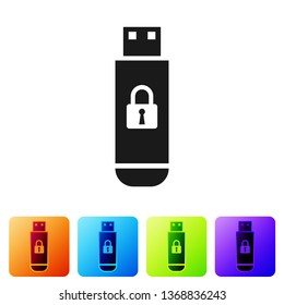 Black USB flash drive with closed padlock icon isolated on white background. Security, safety, protection concept. Set icon in color square buttons. Vector Illustration