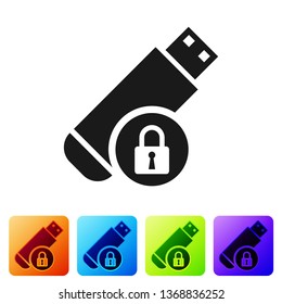 Black USB flash drive with closed padlock icon isolated on white background. Security, safety, protection concept. Set icon in color square buttons. Vector Illustration