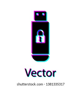 Black USB flash drive with closed padlock icon isolated on white background. Security, safety, protection concept. Vector Illustration