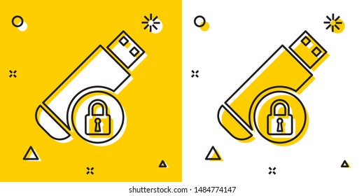 Black USB flash drive with closed padlock icon isolated on yellow and white background. Security, safety, protection concept. Random dynamic shapes. Vector Illustration