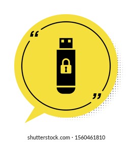 Black USB flash drive with closed padlock icon isolated on white background. Security, safety, protection concept. Yellow speech bubble symbol. Vector Illustration