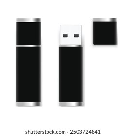 A black USB flash drive with a detachable cap and metallic accents. Vector illustration