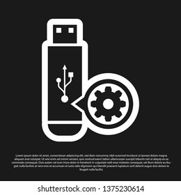 Black USB flash drive and gear icon isolated on black background. Adjusting app, service concept, setting options, maintenance, repair, fixing. Vector Illustration