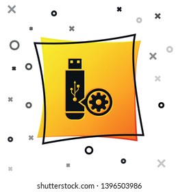 Black USB flash drive and gear icon isolated on white background. Adjusting app, service concept, setting options, maintenance, repair, fixing. Yellow square button. Vector Illustration