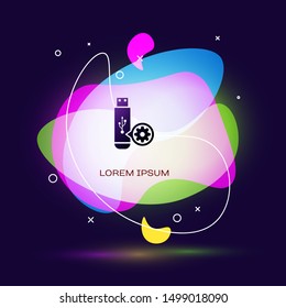 Black USB flash drive and gear icon on dark blue background. Adjusting app, service concept, setting options, maintenance, repair, fixing. Abstract banner with liquid shapes. Vector Illustration