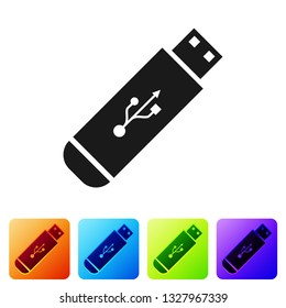 Black USB flash drive icon isolated on white background. Set icon in color square buttons. Vector Illustration