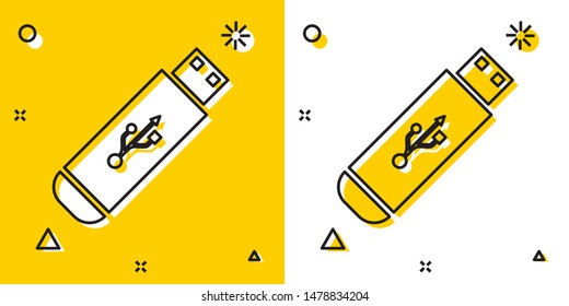 Black USB flash drive icon isolated on yellow and white background. Random dynamic shapes. Vector Illustration