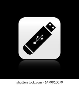 Black USB flash drive icon isolated on black background. square button. Vector Illustration