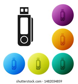 Black USB flash drive icon isolated on white background. Set icons colorful circle buttons. Vector Illustration
