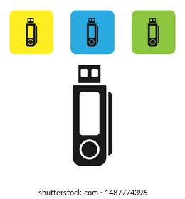 Black USB flash drive icon isolated on white background. Set icons colorful square buttons. Vector Illustration