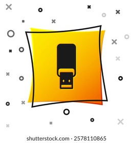 Black USB flash drive icon isolated on white background. Yellow square button. Vector