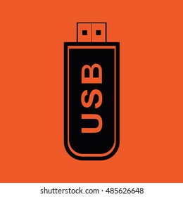 Black USB flash drive icon vector illustration. Orange background