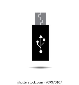 Black usb flash drive icon with symbol and shadow, vector isolated on white background. Connectors and sockets for PC and mobile devices.