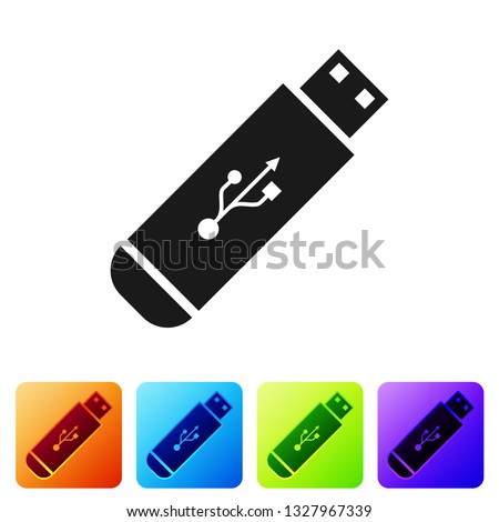 Black USB flash drive icon isolated on white background. Set icon in color square buttons. Vector Illustration