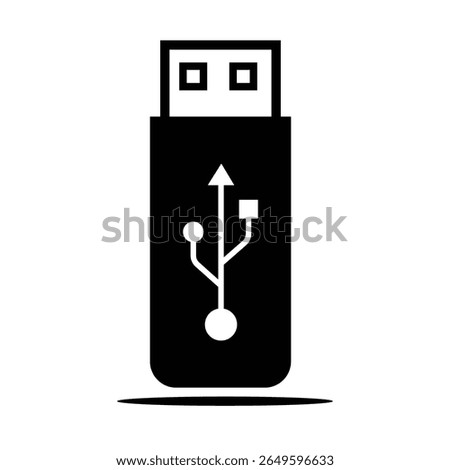 Black USB flash drive icon, simple flat vector pen drive symbol for data storage, isolated on white background