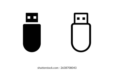 Black USB flash drive icons in flat solid and outline style, vector format, ideal for tech-related user interface designs.

