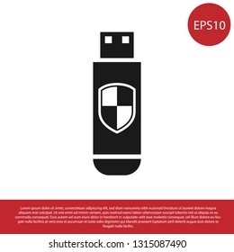 Black USB flash drive and protection shield icon isolated on white background. Vector Illustration