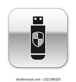 Black USB flash drive and protection shield icon isolated on white background. Silver square button. Vector Illustration