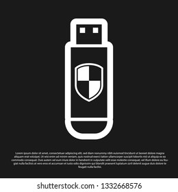 Black USB flash drive and protection shield icon isolated on black background. Vector Illustration