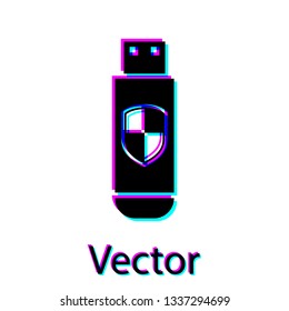 Black USB flash drive and protection shield icon isolated on white background. Vector Illustration