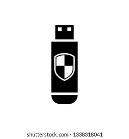 Black USB flash drive and protection shield icon isolated on white background. Vector Illustration
