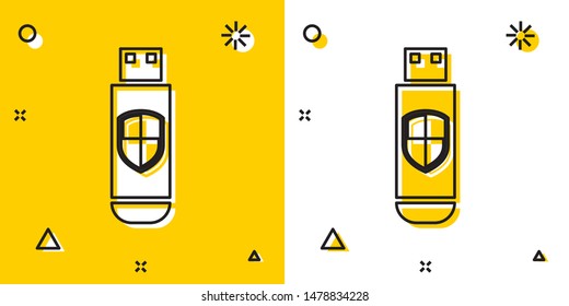 Black USB flash drive and protection shield icon isolated on yellow and white background. Random dynamic shapes. Vector Illustration