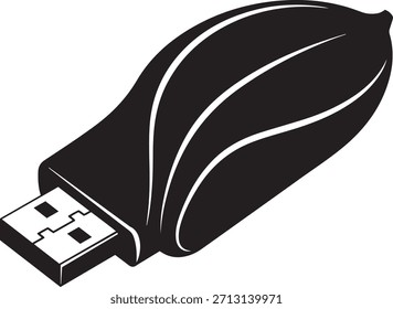 Una unidad flash USB negra con líneas curvas blancas se representa sobre un fondo blanco liso.