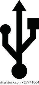 Black USB icon symbol isolated on white background. Universal Serial Bus sign for data transfer, connection, and digital technology devices.