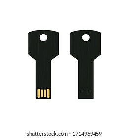 Black USB key flash drive back view and front view. Empty template for corporate identity. Simple flat vector illustration isolated on white background 
