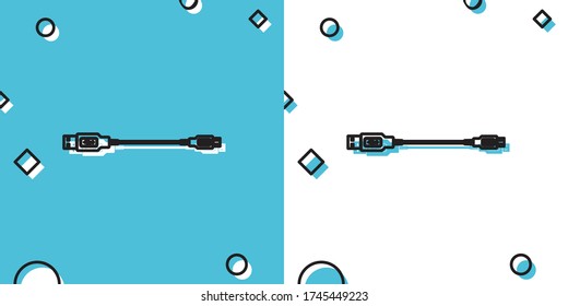 Black USB Micro cables icon isolated on blue and white background. Connectors and sockets for PC and mobile devices. Computer peripherals connector or smartphone recharge supply. Vector Illustration