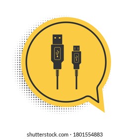 Black USB Micro cables icon isolated on white background. Connectors and sockets for PC and mobile devices. Smartphone recharge supply. Yellow speech bubble symbol. Vector.