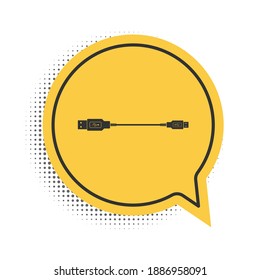 Black USB Micro cables icon isolated on white background. Connectors and sockets for PC and mobile devices. Smartphone recharge supply. Yellow speech bubble symbol. Vector.