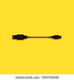Black USB Micro cables icon isolated on yellow background. Connectors and sockets for PC and mobile devices. Smartphone recharge supply. Long shadow style. Vector.
