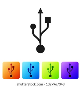Black USB symbol icon isolated on white background. Set icon in color square buttons. Vector Illustration