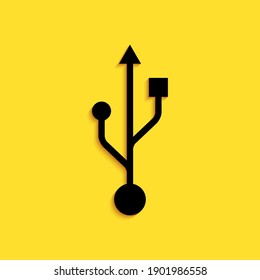Black USB symbol icon isolated on yellow background. Usb flash drive symbol. Long shadow style. Vector.