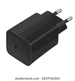 A black USB wall charger with two metal prongs for plugging in.