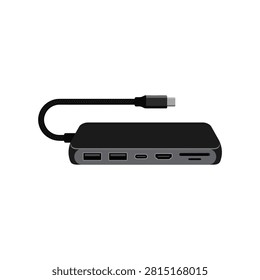 Black USB-C hub adapter with multiple ports including USB, HDMI, and SD card reader, isolated on a white background.